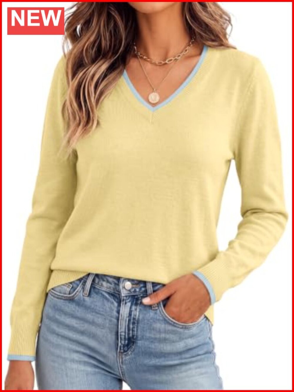 Wool Blend V-Neck Ribbed Knit Pullover Sweater Long Sleeve Casual Fall